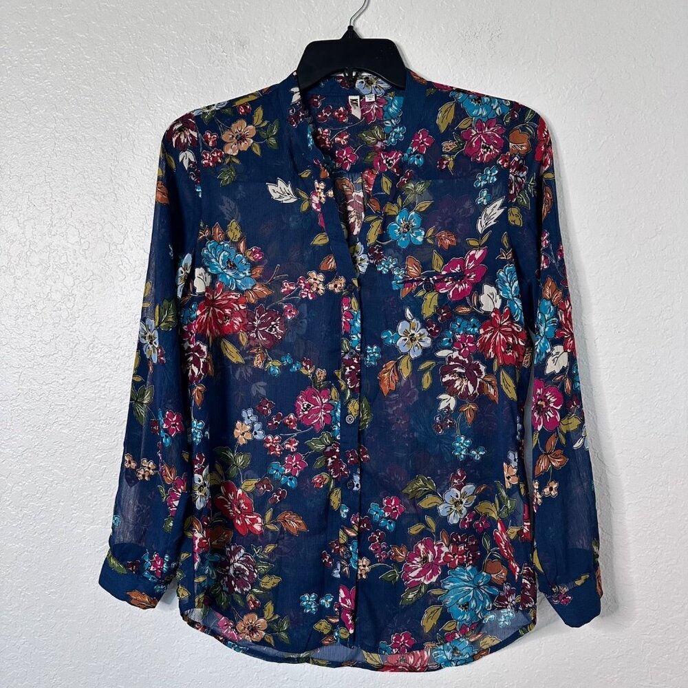 Kut From The Kloth Womens Floral Dark Teal Sheer Button-Up Blouse‎ Size M
